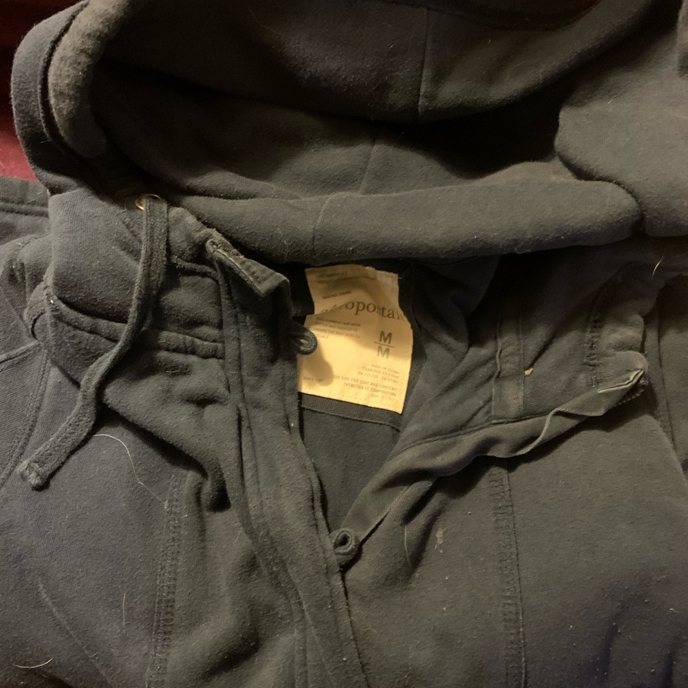 Aeropostale hooded jacket blue with zipper and ivory buttons. Medium.